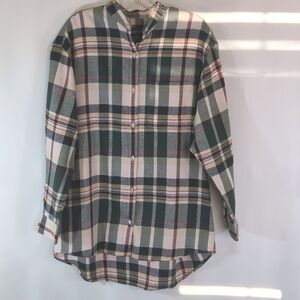 Gant Long Sleeve Collarless Green Beige Plaid Oversize Flannel Shirt S Petite